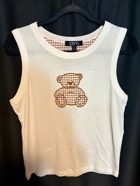 White Tank Top with Brown Gingham Teddy Appliqué